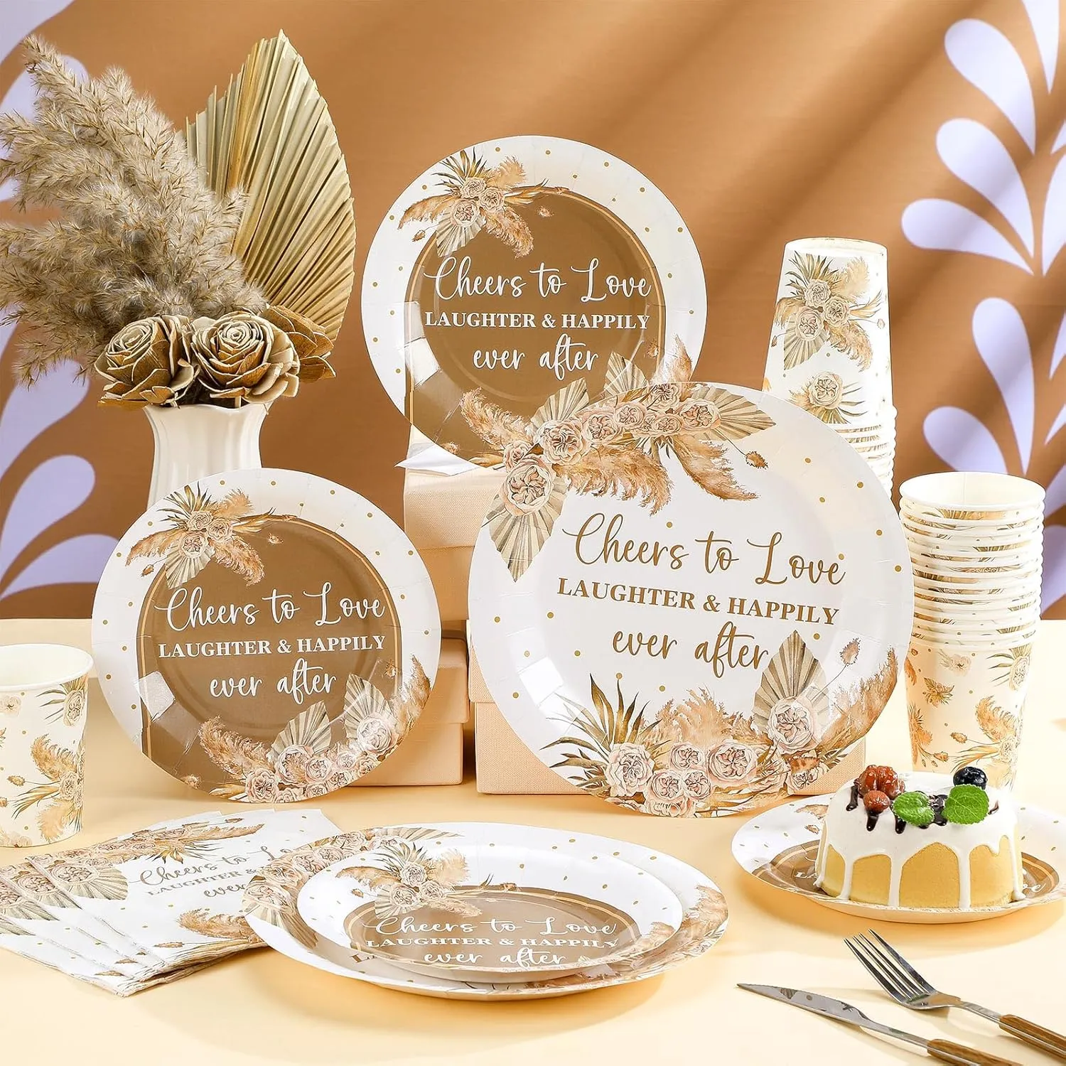 Zhehao 250 Pcs Bohemian Bridal Shower Plates Napkins Sets 50 Pcs 9'' Dinner Plates and 7'' Dessert Plate and 9oz Cups 100 Napkins Serves 50 Party Supplies Bridal Shower Engagement Decoration