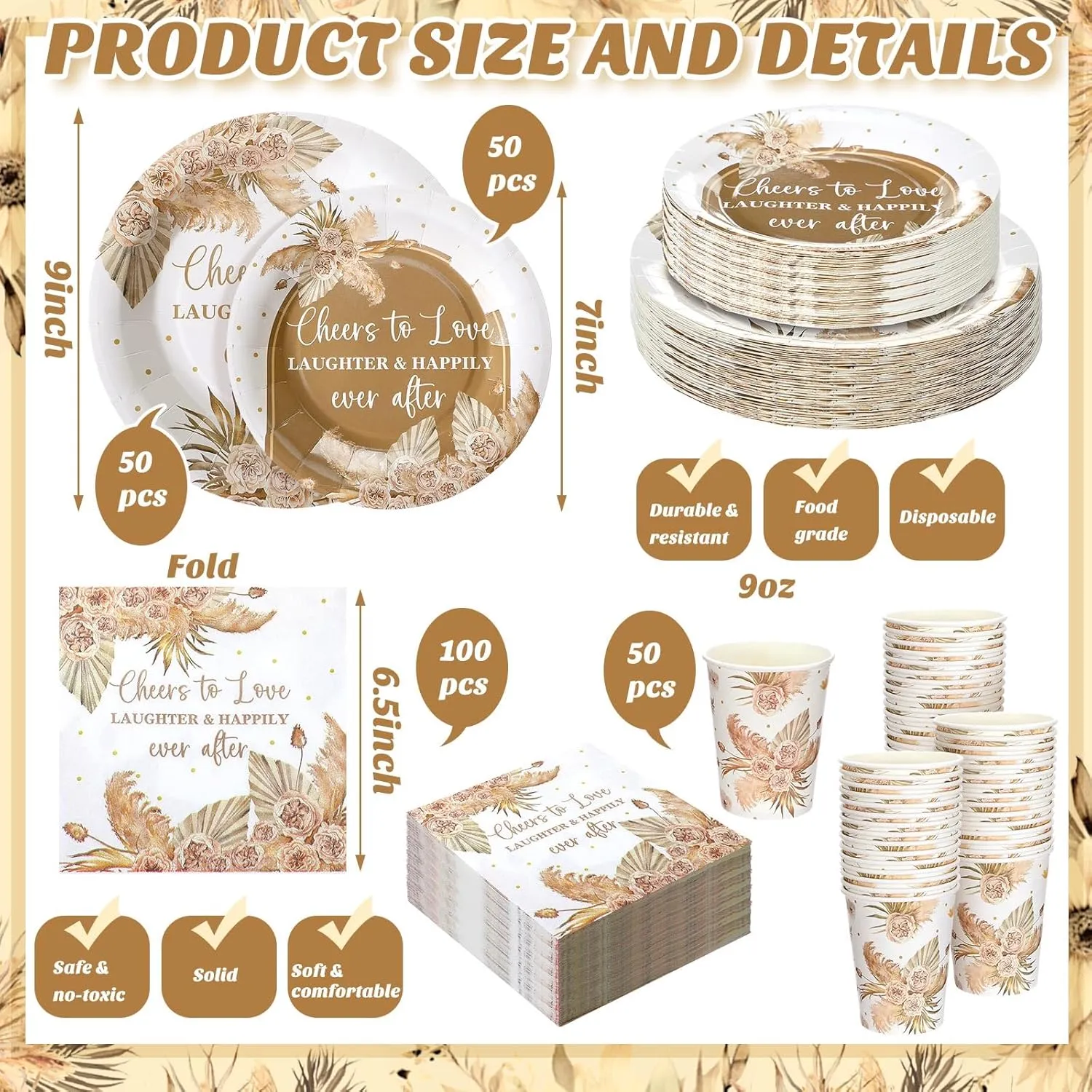 Zhehao 250 Pcs Bohemian Bridal Shower Plates Napkins Sets 50 Pcs 9'' Dinner Plates and 7'' Dessert Plate and 9oz Cups 100 Napkins Serves 50 Party Supplies Bridal Shower Engagement Decoration