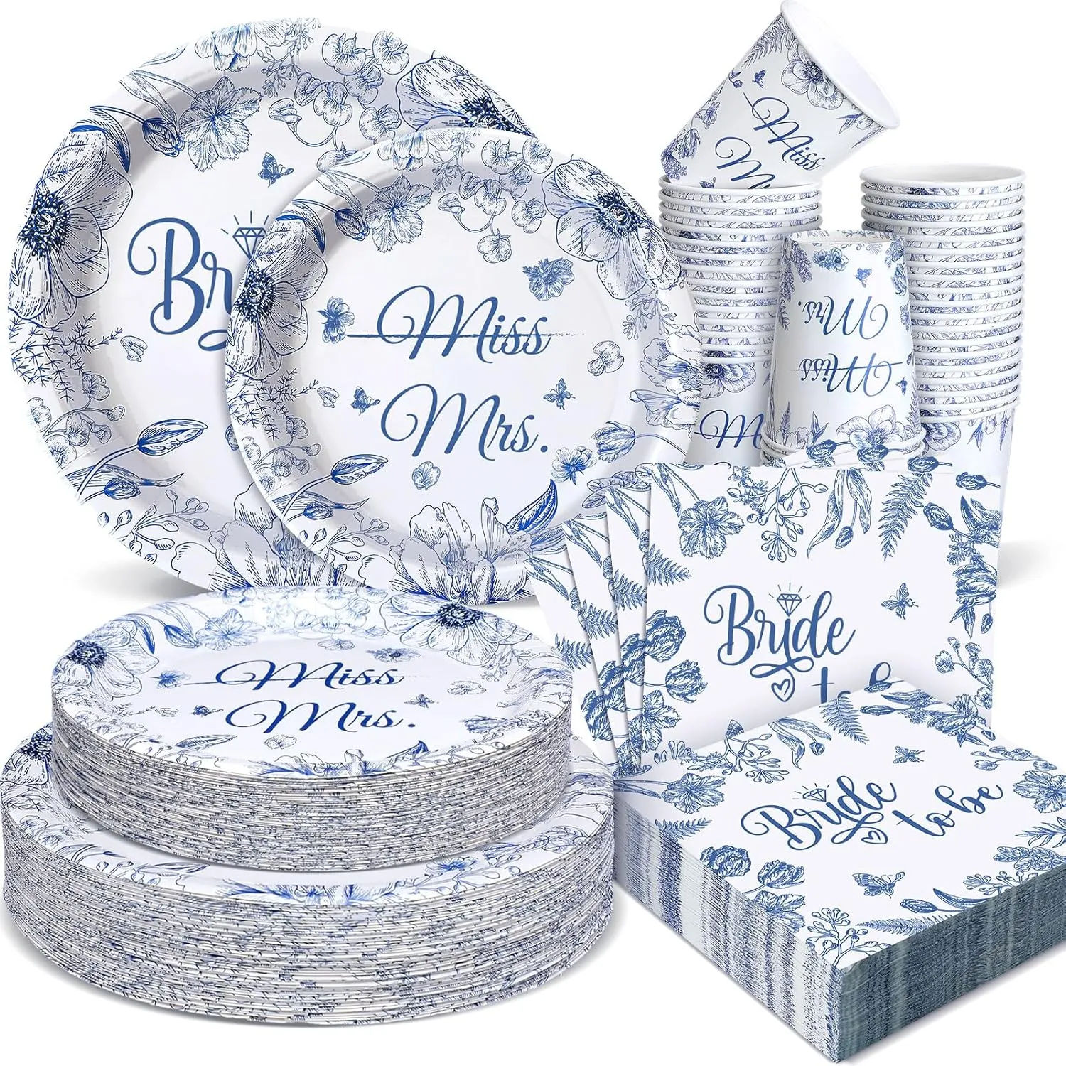 Zhehao 250 Pcs Bride to Be Bridal Shower Plates Napkins Sets 50 Pcs 9'' Dinner Plates and 7'' Dessert Plate and 9oz Cups 100 Napkins Serves 50 Party Supplies Bridal Shower Engagement Decoration
