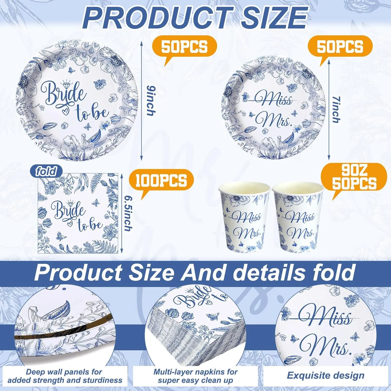 Zhehao 250 Pcs Bride to Be Bridal Shower Plates Napkins Sets 50 Pcs 9'' Dinner Plates and 7'' Dessert Plate and 9oz Cups 100 Napkins Serves 50 Party Supplies Bridal Shower Engagement Decoration
