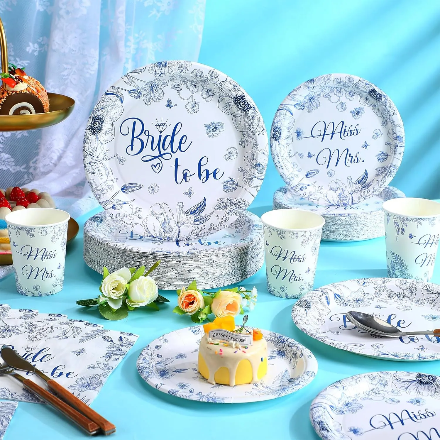 Zhehao 250 Pcs Bride to Be Bridal Shower Plates Napkins Sets 50 Pcs 9'' Dinner Plates and 7'' Dessert Plate and 9oz Cups 100 Napkins Serves 50 Party Supplies Bridal Shower Engagement Decoration
