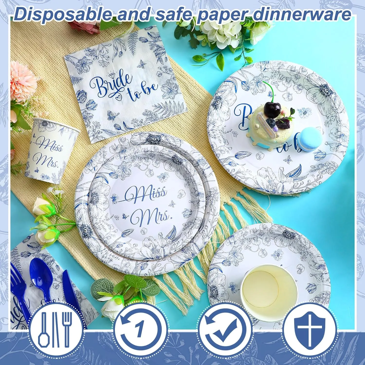 Zhehao 250 Pcs Bride to Be Bridal Shower Plates Napkins Sets 50 Pcs 9'' Dinner Plates and 7'' Dessert Plate and 9oz Cups 100 Napkins Serves 50 Party Supplies Bridal Shower Engagement Decoration