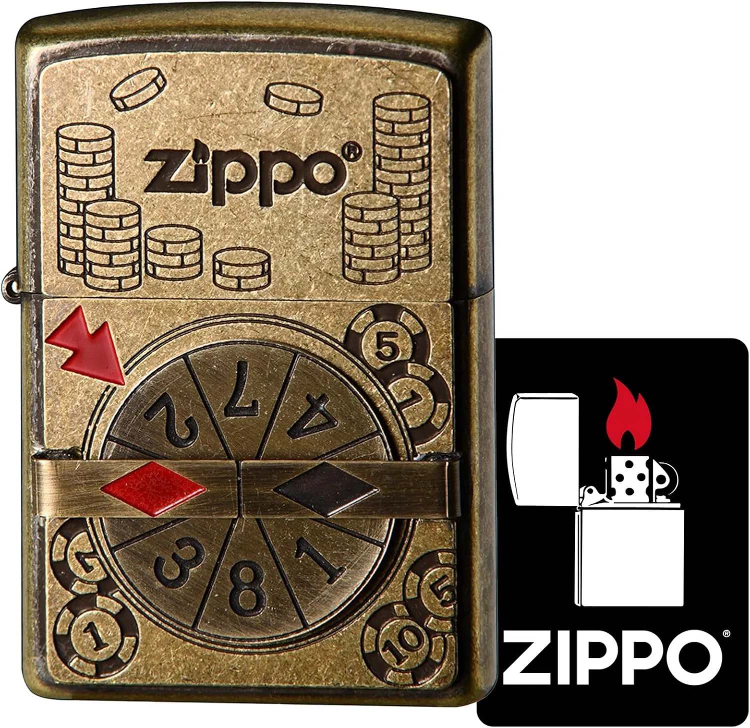Zippo 2UDB-Roulette Windproof Brass Roulette Lighter with Distressed Metal Sticker, Gold