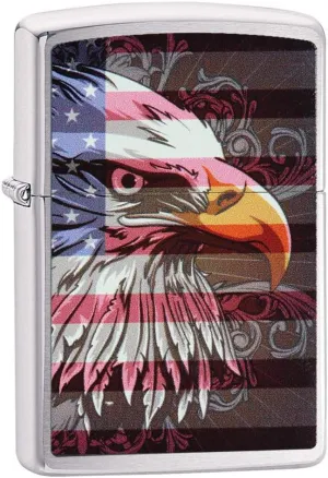Zippo American Eagle and Flag Pocket Lighter, Brushed Chrome, Standard