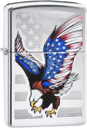 Zippo Flag Design Eagle Pocket Lighter, High Polish Chrome, One Size