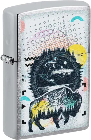 Zippo Lighter: Bison Design - Brushed Chrome 48802