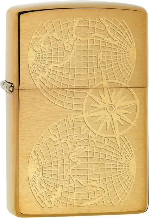 Zippo Lighter: Engraved World Map - Brushed Brass 78072