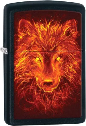 Zippo Lighter: Fiery Wolf - Black Matte 80829