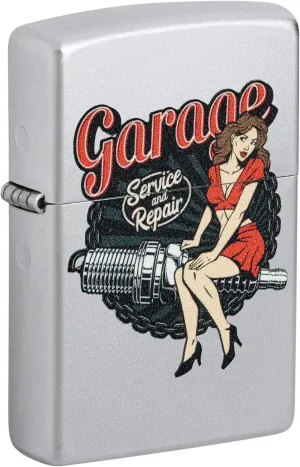 Zippo Lighter: Garage Auto Repair, Pin-up Girl - Satin Chrome 46072