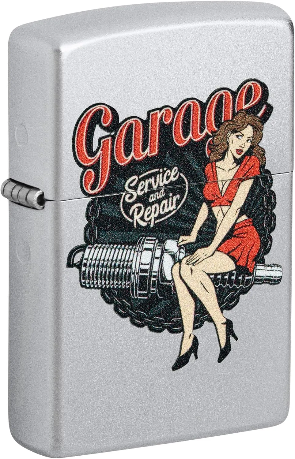 Zippo Lighter: Garage Auto Repair, Pin-up Girl - Satin Chrome 46072