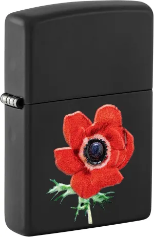 Zippo Lighter: Raised Flower Emblem - Black Matte 81654