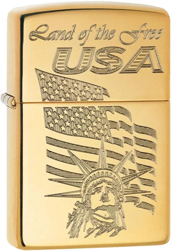 Zippo Lighter: USA Land of The Free, Engraved - High Polish Brass 80681