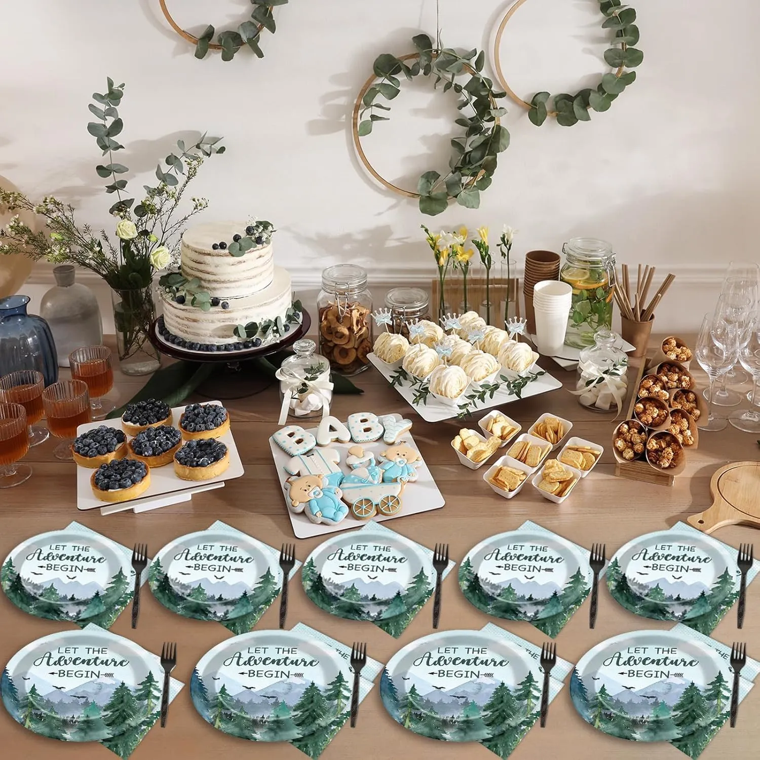 ZOIIWA 200 PCS Adventure Awaits Tableware Disposable Let The Adventure Begin Party Supplies Dinnerware Set Baby Shower Plates Napkins Birthday Party Decoration Serve 50 guest