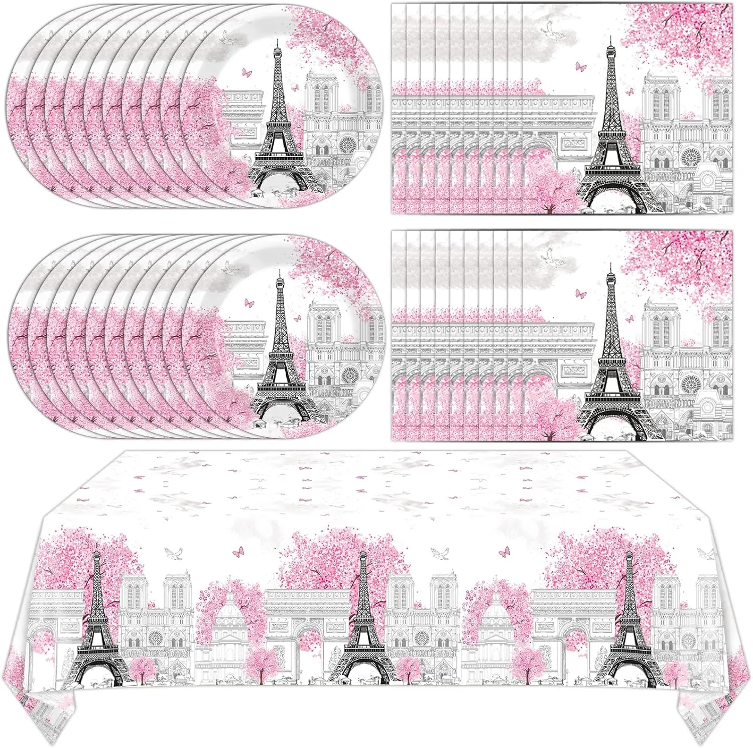 ZOIIWA Paris Themed Party Decorations Eiffel Tower Birthday Paper Plates and Napkins Tableware Set Pink Disposable Tablecloth for Baby Shower Decor Paris Party Supplies