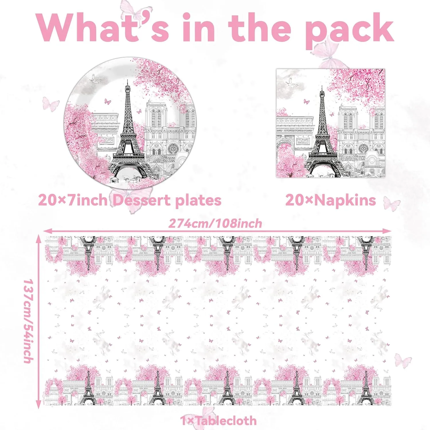 ZOIIWA Paris Themed Party Decorations Eiffel Tower Birthday Paper Plates and Napkins Tableware Set Pink Disposable Tablecloth for Baby Shower Decor Paris Party Supplies