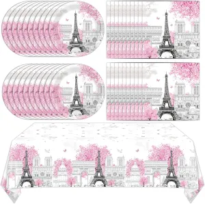 ZOIIWA Paris Themed Party Decorations Eiffel Tower Birthday Paper Plates and Napkins Tableware Set Pink Disposable Tablecloth for Baby Shower Decor Paris Party Supplies