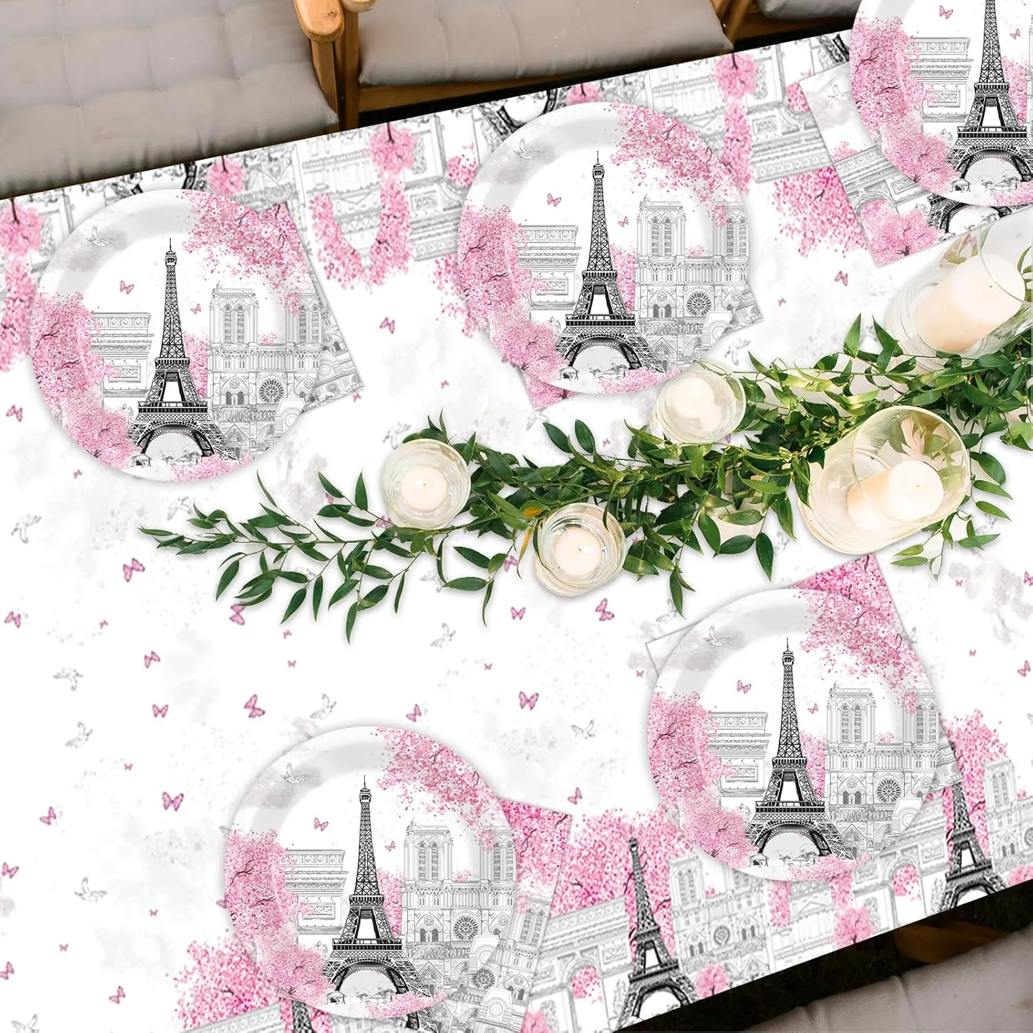 ZOIIWA Paris Themed Party Decorations Eiffel Tower Birthday Paper Plates and Napkins Tableware Set Pink Disposable Tablecloth for Baby Shower Decor Paris Party Supplies