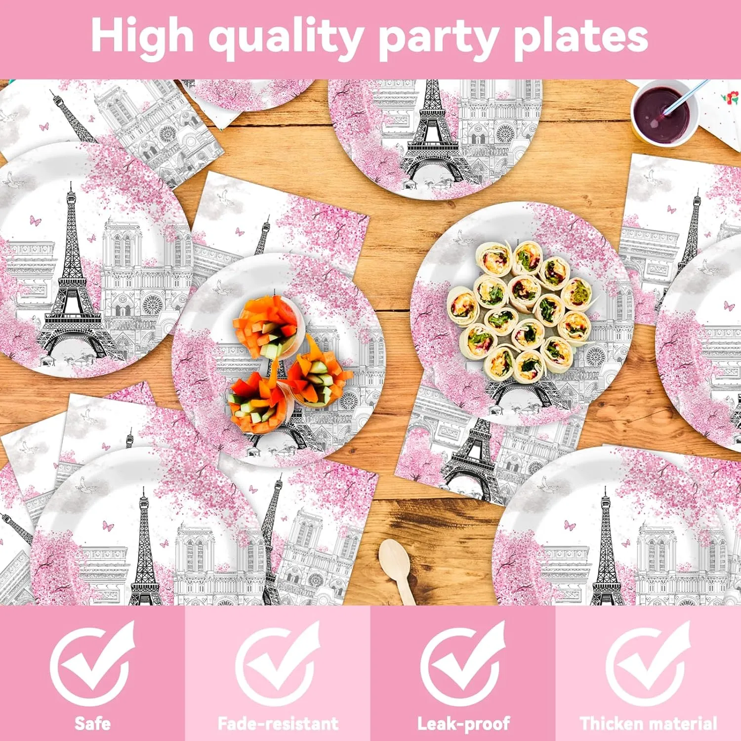 ZOIIWA Paris Themed Party Decorations Eiffel Tower Birthday Paper Plates and Napkins Tableware Set Pink Disposable Tablecloth for Baby Shower Decor Paris Party Supplies