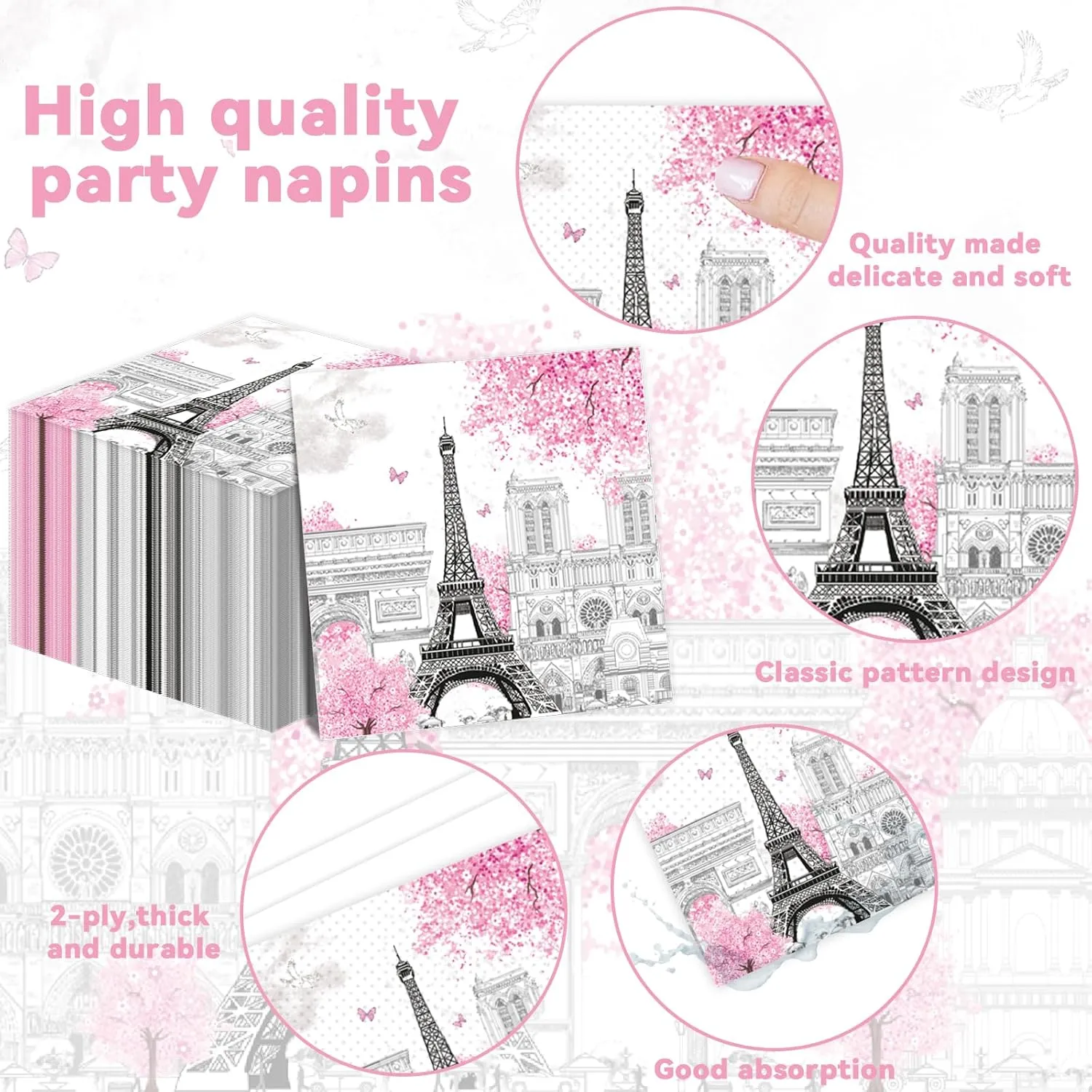 ZOIIWA Paris Themed Party Decorations Eiffel Tower Birthday Paper Plates and Napkins Tableware Set Pink Disposable Tablecloth for Baby Shower Decor Paris Party Supplies