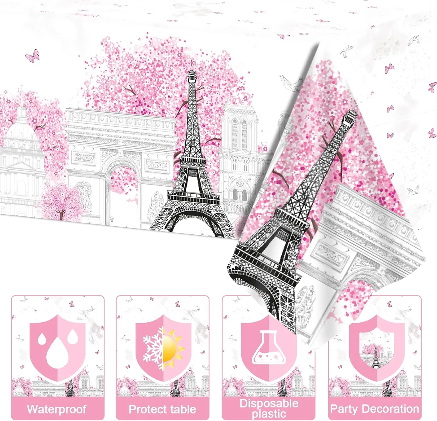 ZOIIWA Paris Themed Party Decorations Eiffel Tower Birthday Paper Plates and Napkins Tableware Set Pink Disposable Tablecloth for Baby Shower Decor Paris Party Supplies