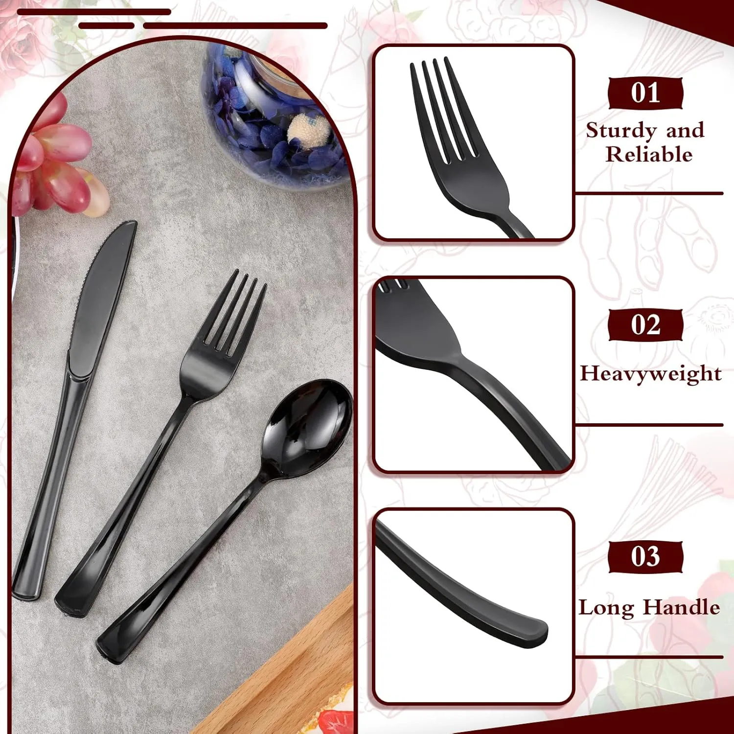 Zubebe 300 Pcs Plastic Plates Set, Clear Disposable Plates for 50 Guests, Plastic Dinnerware Set Include Knives, Spoons, Forks, Cups for Party Wedding Festival Picnics(Black)