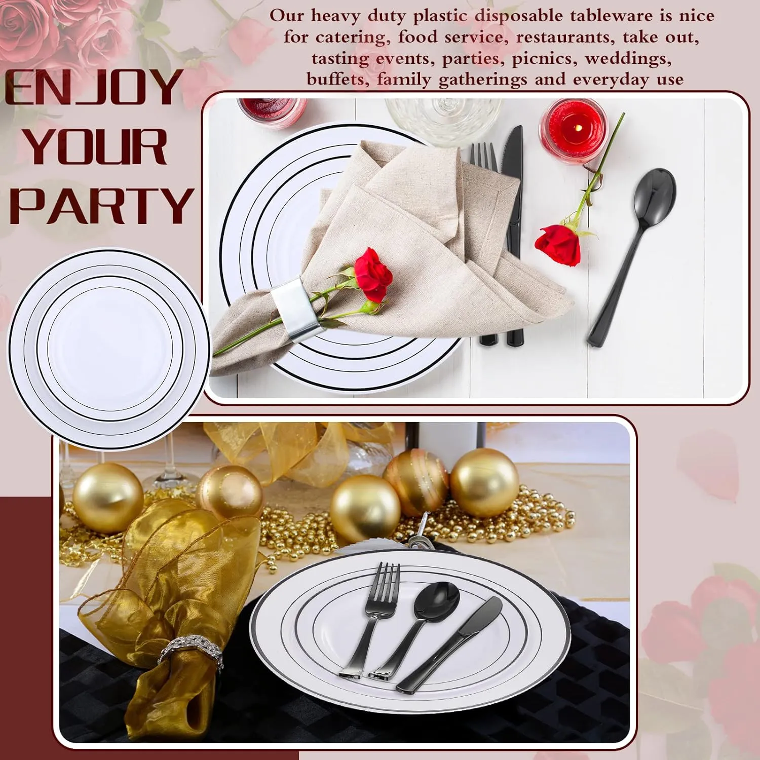 Zubebe 300 Pcs Plastic Plates Set, Clear Disposable Plates for 50 Guests, Plastic Dinnerware Set Include Knives, Spoons, Forks, Cups for Party Wedding Festival Picnics(Black)