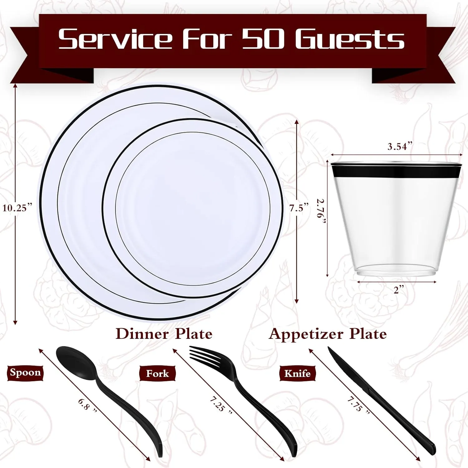 Zubebe 300 Pcs Plastic Plates Set, Clear Disposable Plates for 50 Guests, Plastic Dinnerware Set Include Knives, Spoons, Forks, Cups for Party Wedding Festival Picnics(Black)