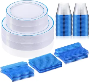 Zubebe 300 Pcs Plastic Plates Set, Clear Disposable Plates for 50 Guests, Plastic Dinnerware Set Include Knives, Spoons, Forks, Cups for Party Wedding Festival Picnics(Blue)