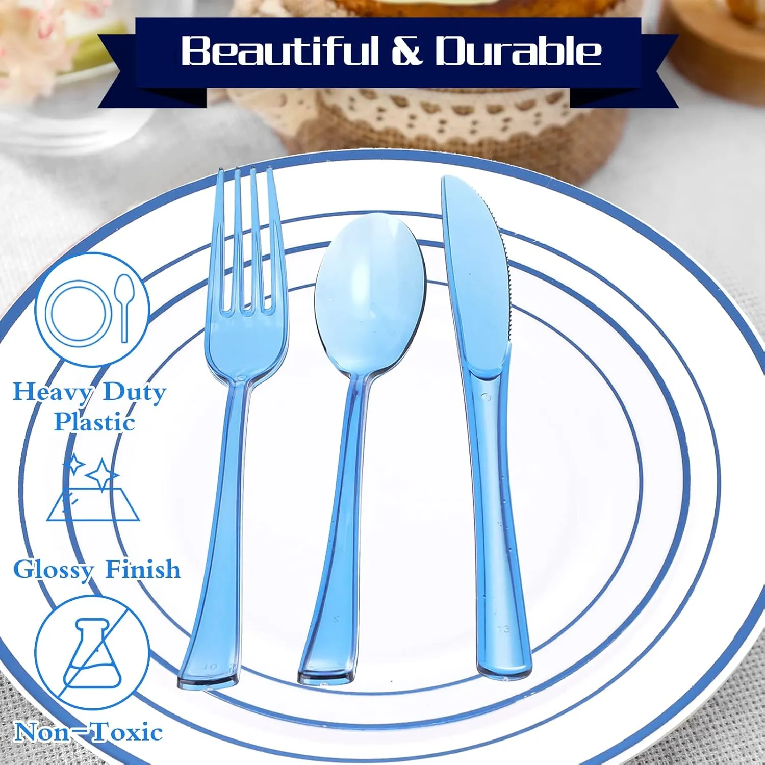 Zubebe 300 Pcs Plastic Plates Set, Clear Disposable Plates for 50 Guests, Plastic Dinnerware Set Include Knives, Spoons, Forks, Cups for Party Wedding Festival Picnics(Blue)