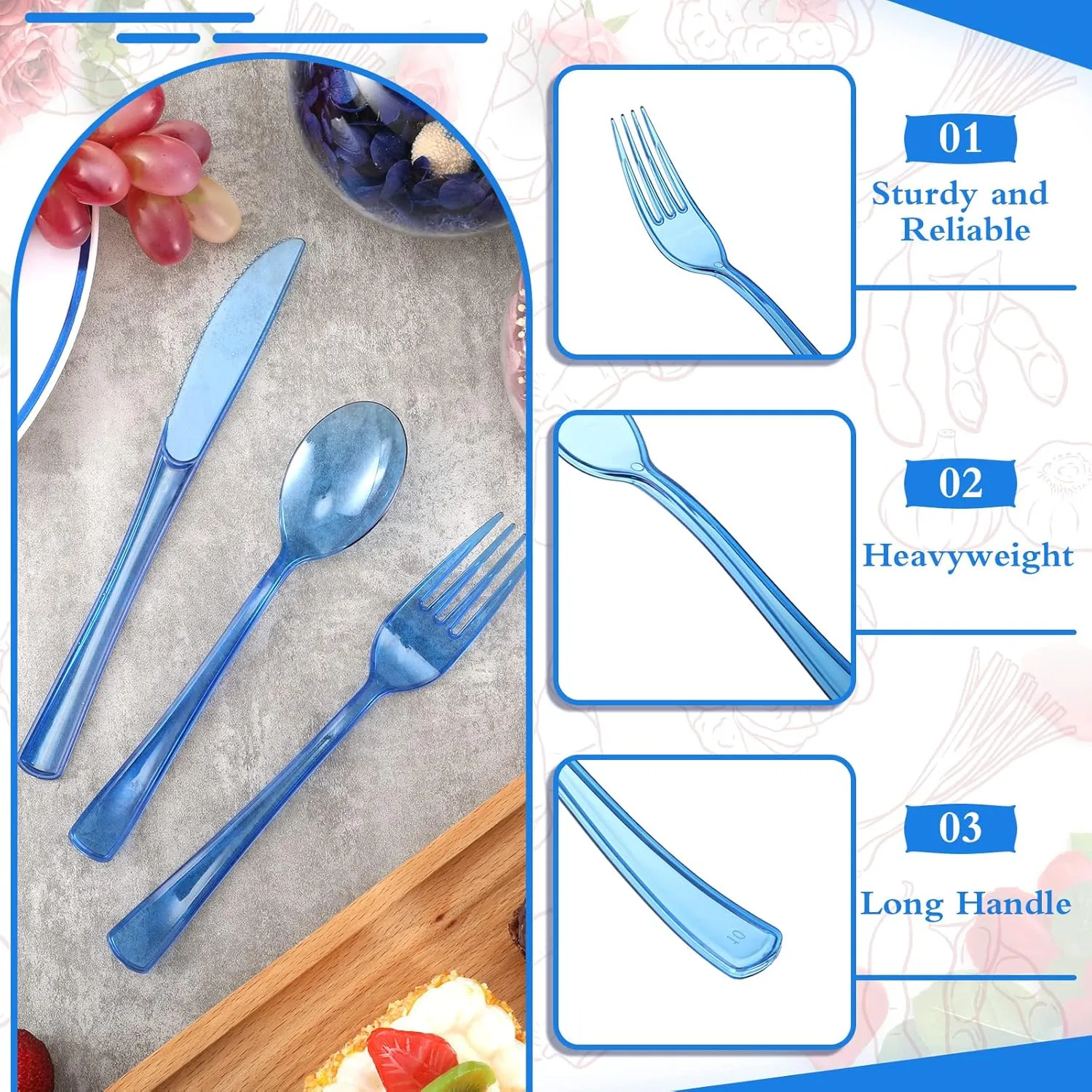 Zubebe 300 Pcs Plastic Plates Set, Clear Disposable Plates for 50 Guests, Plastic Dinnerware Set Include Knives, Spoons, Forks, Cups for Party Wedding Festival Picnics(Blue)