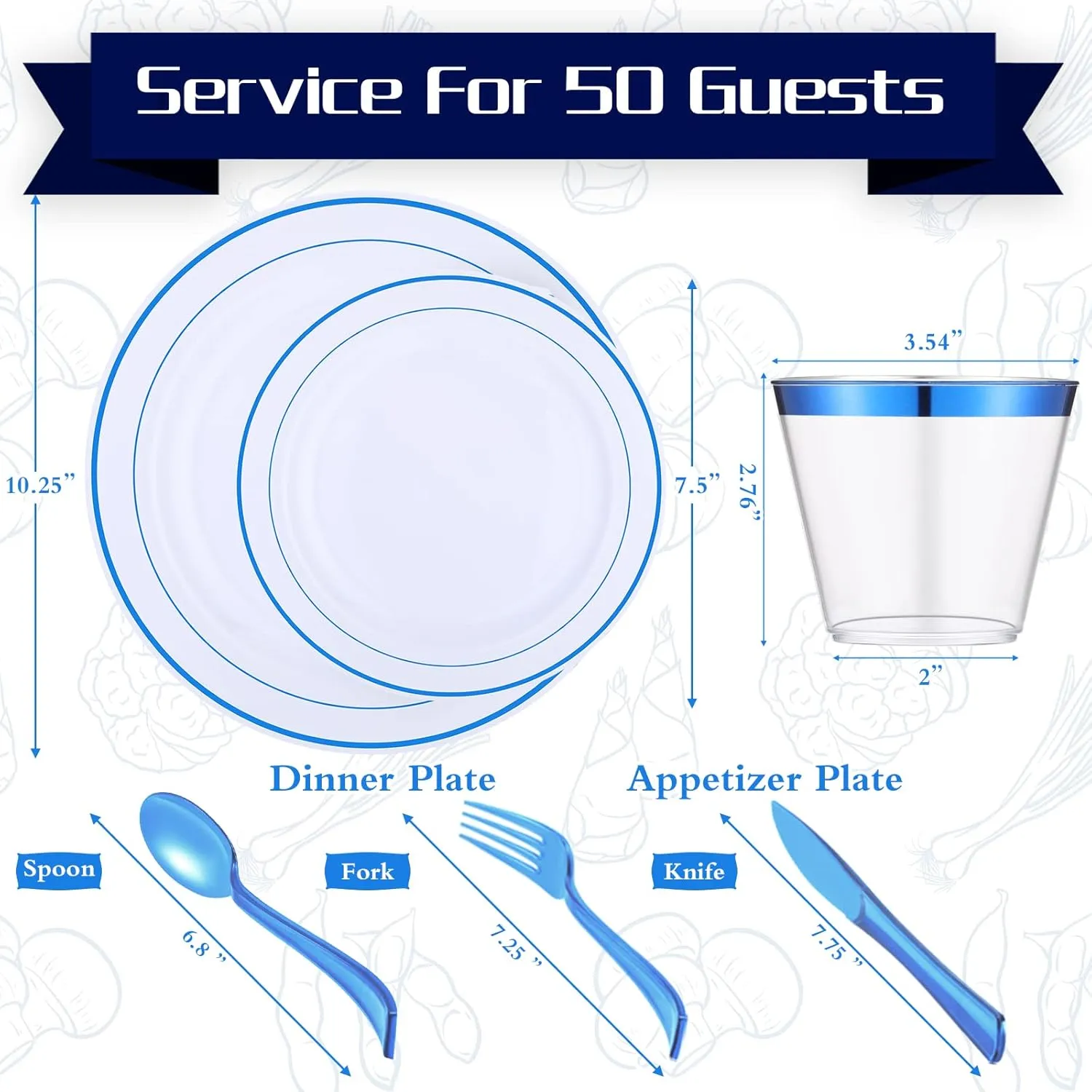 Zubebe 300 Pcs Plastic Plates Set, Clear Disposable Plates for 50 Guests, Plastic Dinnerware Set Include Knives, Spoons, Forks, Cups for Party Wedding Festival Picnics(Blue)